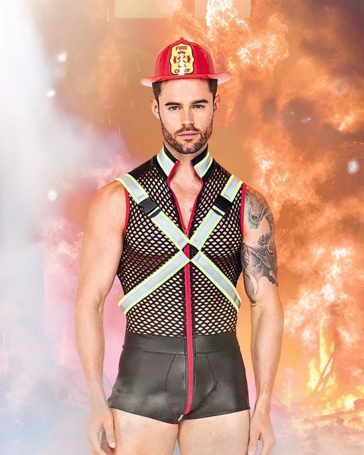 Men's firefighter costume, jumpsuit and helmet