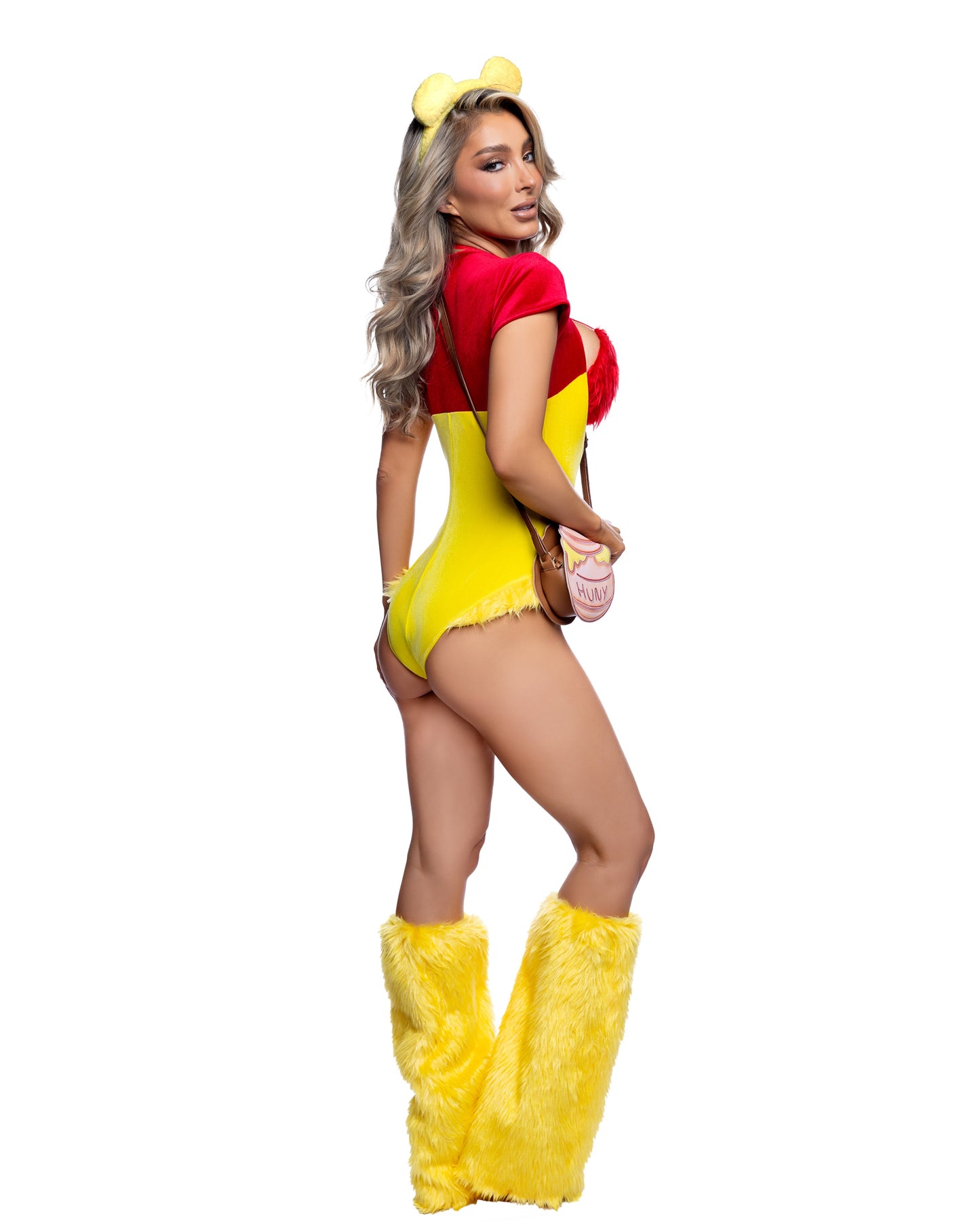 Sexy storybook bear Halloween costume women yellow red 5-piece headpiece bodysuit bikini top leg warmers honey pot bag exclusively at RaveFix - back view