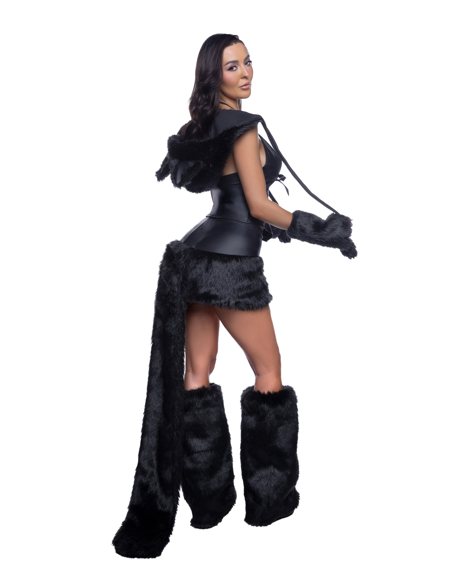 Sexy black cat Halloween costume women 5-piece hood corset skirt tail leg warmers gloves nocturnal kitten exclusively at RaveFix - back view