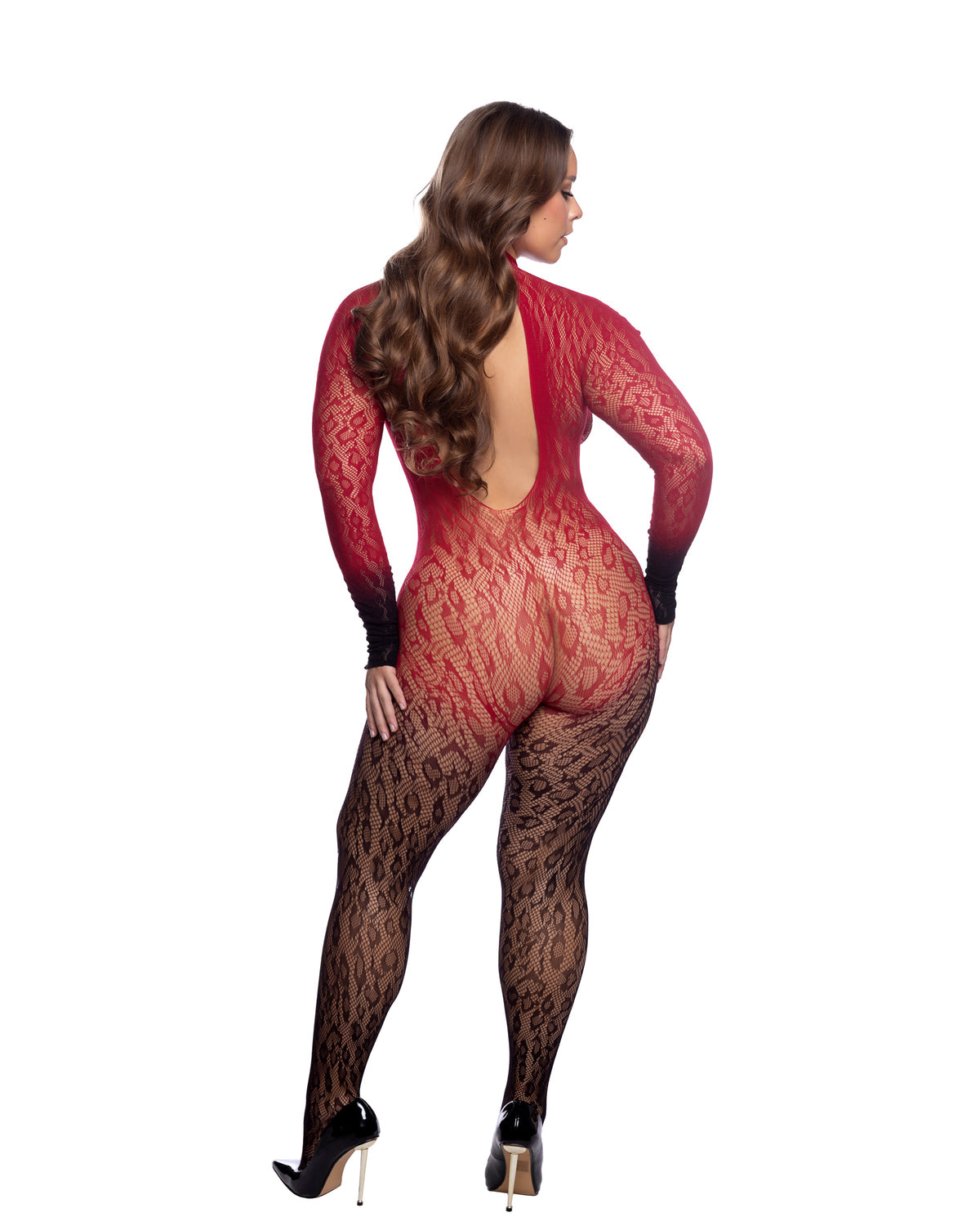 Wild Night Ombre Floral Lace Bodystocking with Finger Loop Sleeves in Wine/Black - back view on plus size model