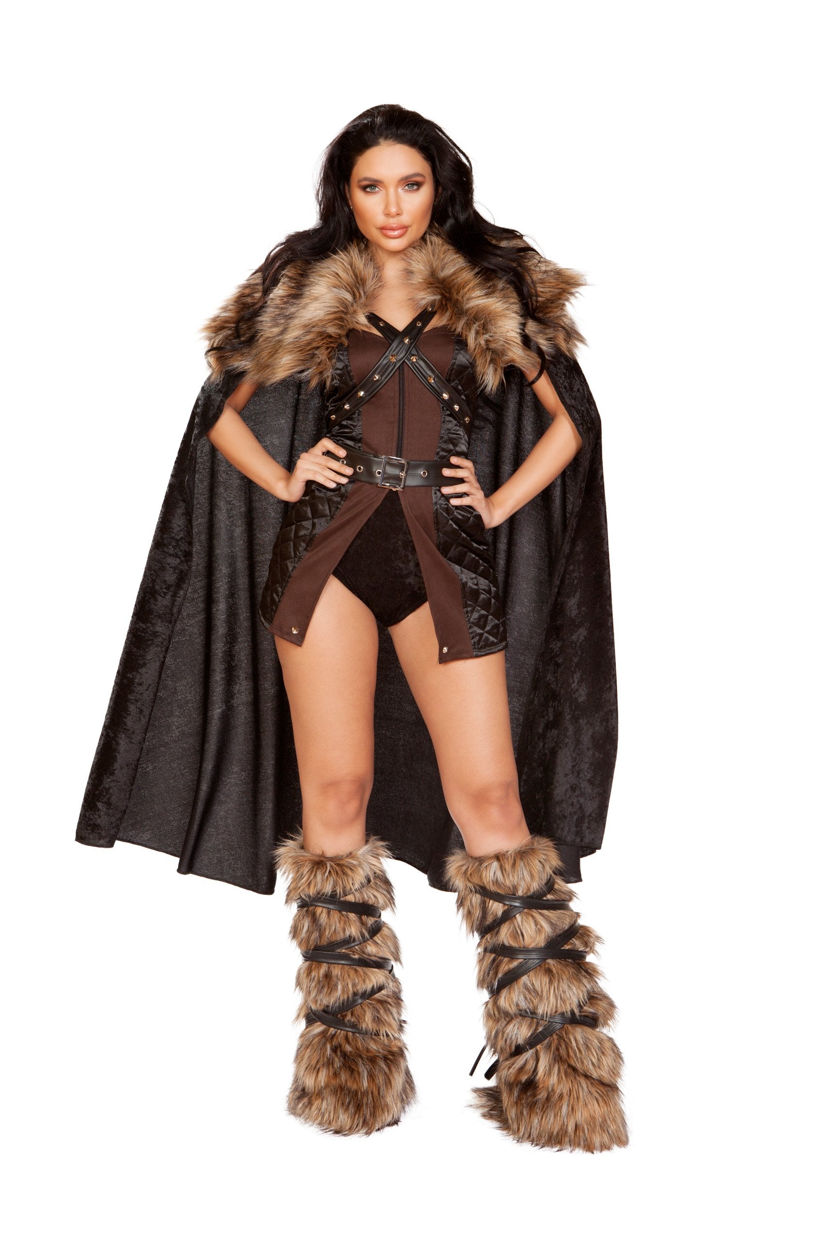 RaveFix 4pc Northern Warrior Includes Front slit Dress with Zipper Closure, Belt, Velvet Shorts, & Cape with Faux Fur Detail and Tie Strap with Stud Accents