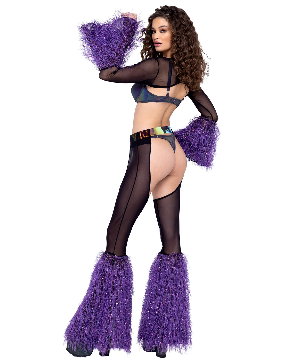 Sheer faux fur bell sleeve shrug rave outfit back, view 2