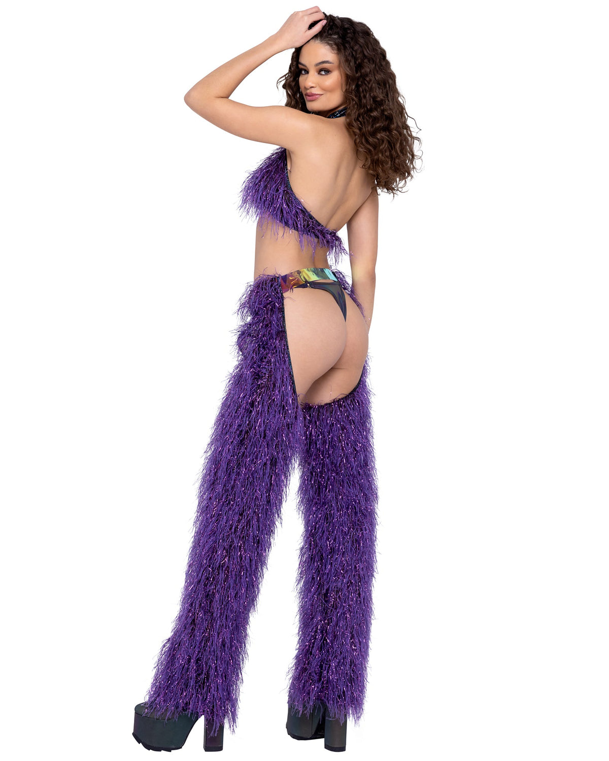 Purple faux fur cropped halter top rave outfit back, view 3
