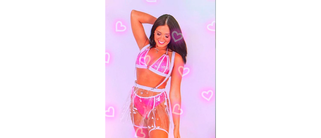 two piece rave outfit in pink crop top and skirt