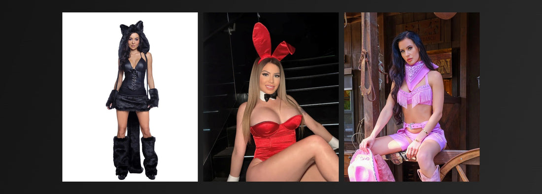 Easy sexy Halloween costume ideas 2026 at RaveFix: black cat, Playboy Bunny and pink cowgirl costumes
