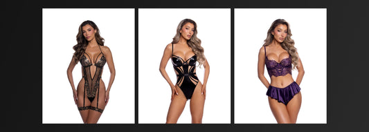 Lingerie for women fall/winter 2026 trends: metallic leopard teddy, black vinyl teddy and purple lace bra and ruffle shorts set