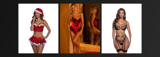 Sexy Christmas outfits 2026: Santa Baby sequin costume, red and black lace teddy and black lurex lingerie set at RaveFix