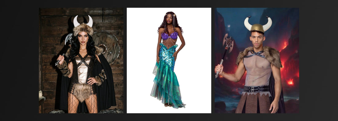Sexy Viking and mermaid Halloween costumes 2026 at RaveFix: women's Viking warrior, sequin mermaid and men's Viking costumes