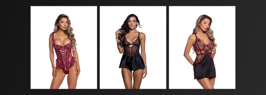 Teddy vs babydoll lingerie: wine lace teddy, black and red lace babydoll and beaded lace chemise from the RaveFix fall/winter lingerie collection