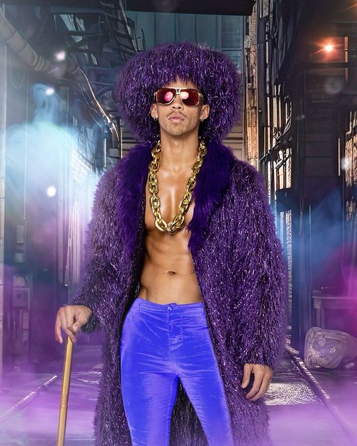 Men's pimp costume, purple faux fur coat and hat