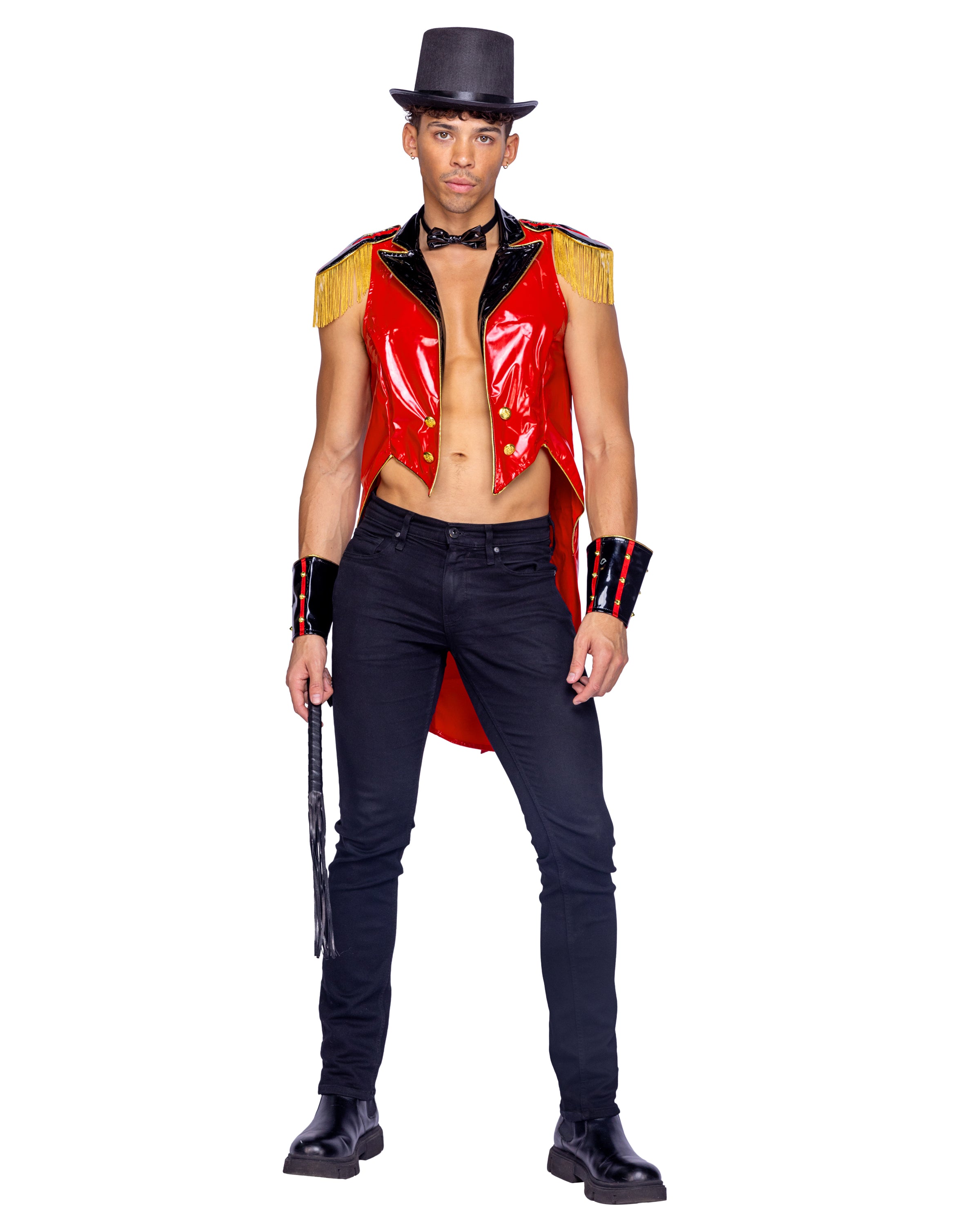 Men's dark ringmaster costume, vinyl jacket and top hat, view 3