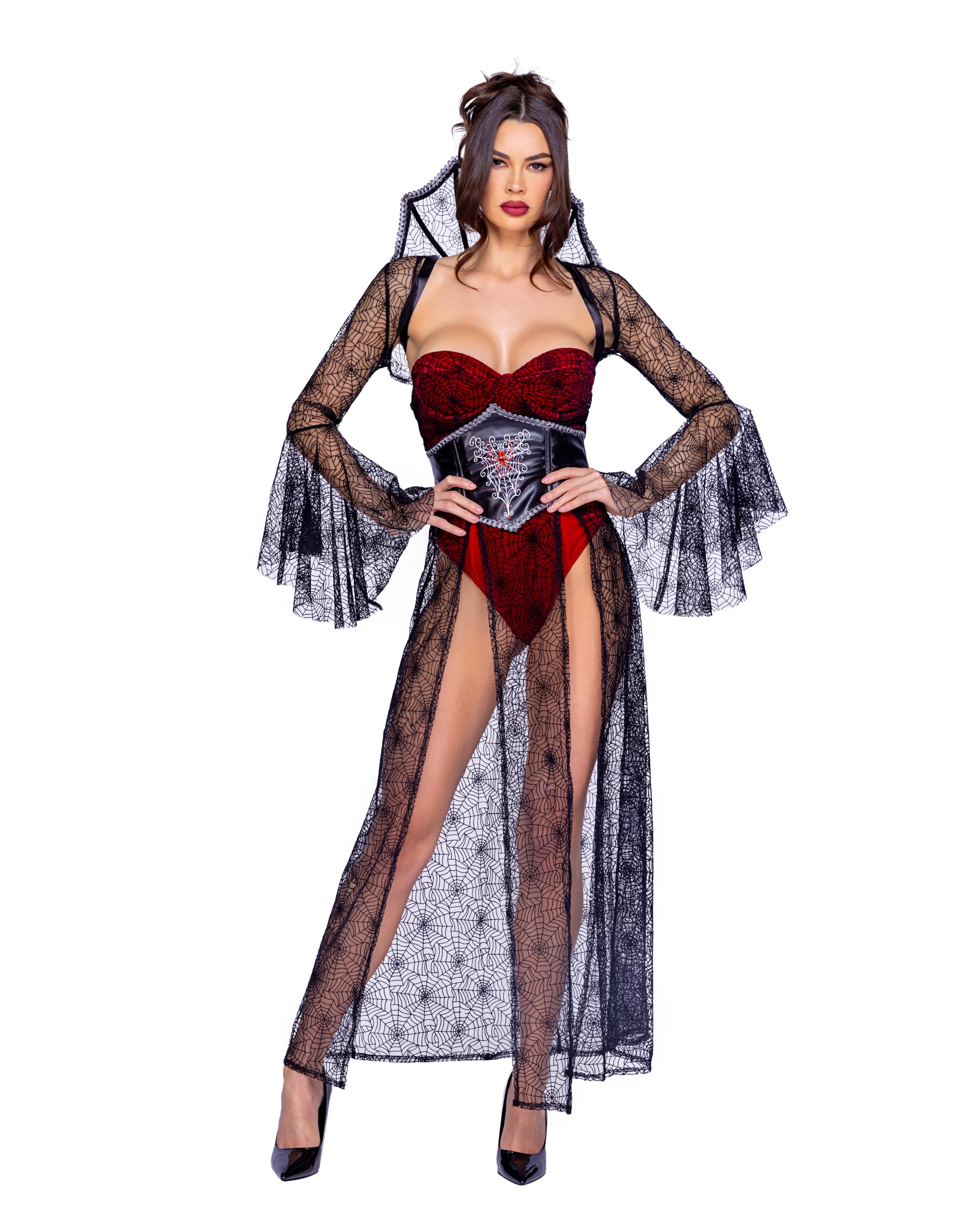 Women's black widow spider costume, velvet web bolero, view 3