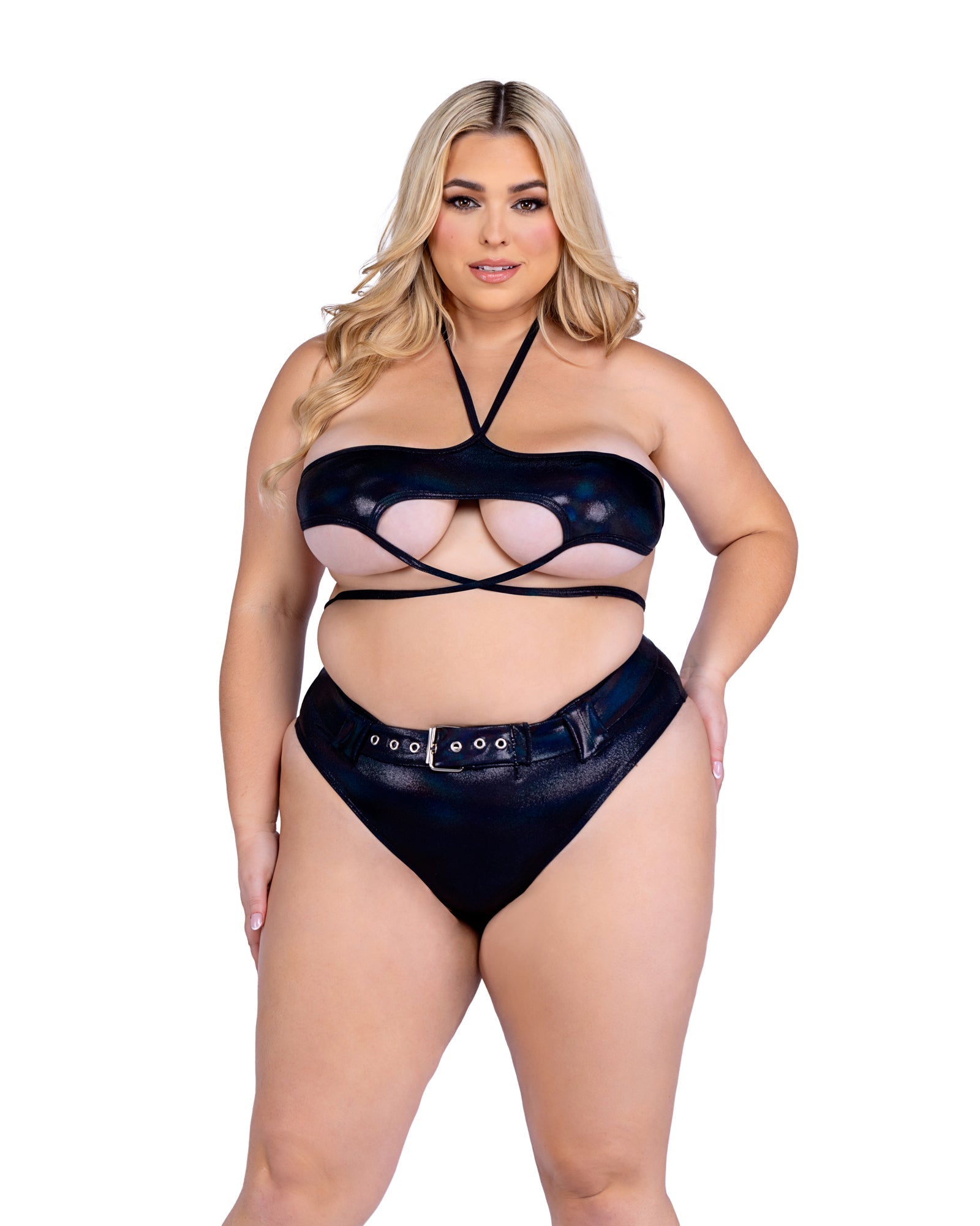 Plus size black shimmer high-waisted belted shorts rave outfit, view 6