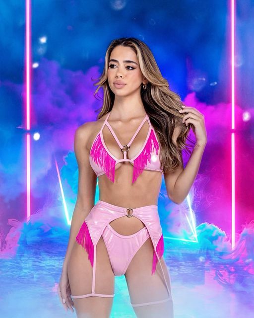 Metallic fringe garter belt rave outfit, view 1