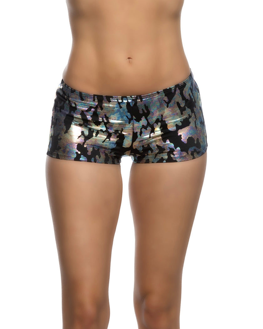 Iridescent camo rave shorts