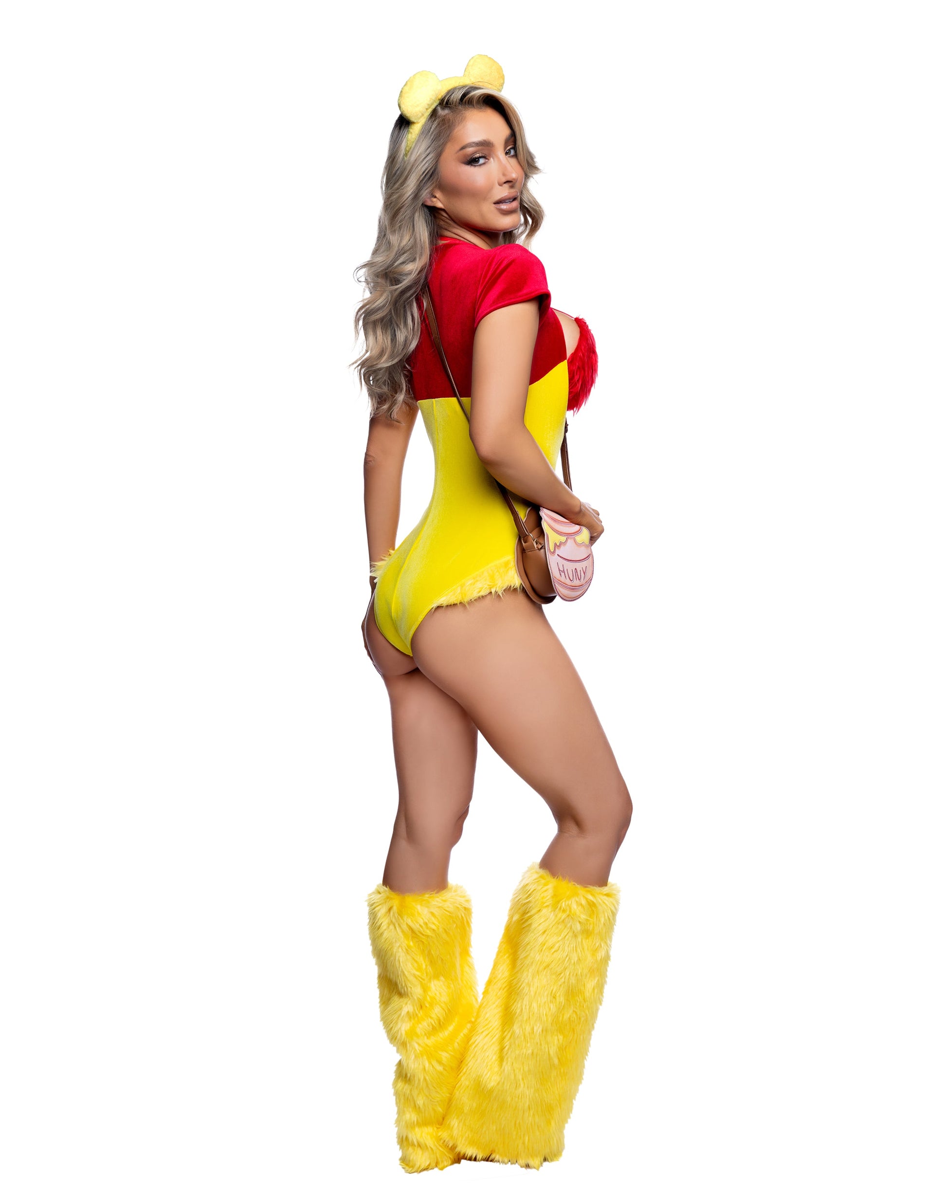 Sexy storybook bear Halloween costume women yellow red 5-piece headpiece bodysuit bikini top leg warmers honey pot bag exclusively at RaveFix - back view