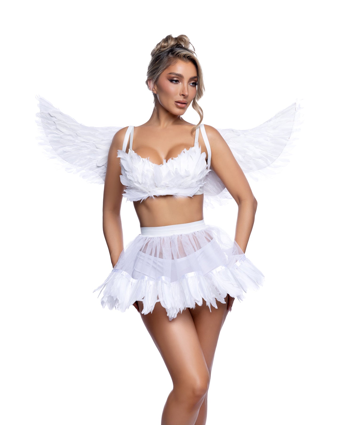 Sexy angel Halloween costume women white wings bra top skirt shorts exclusively at RaveFix - front view