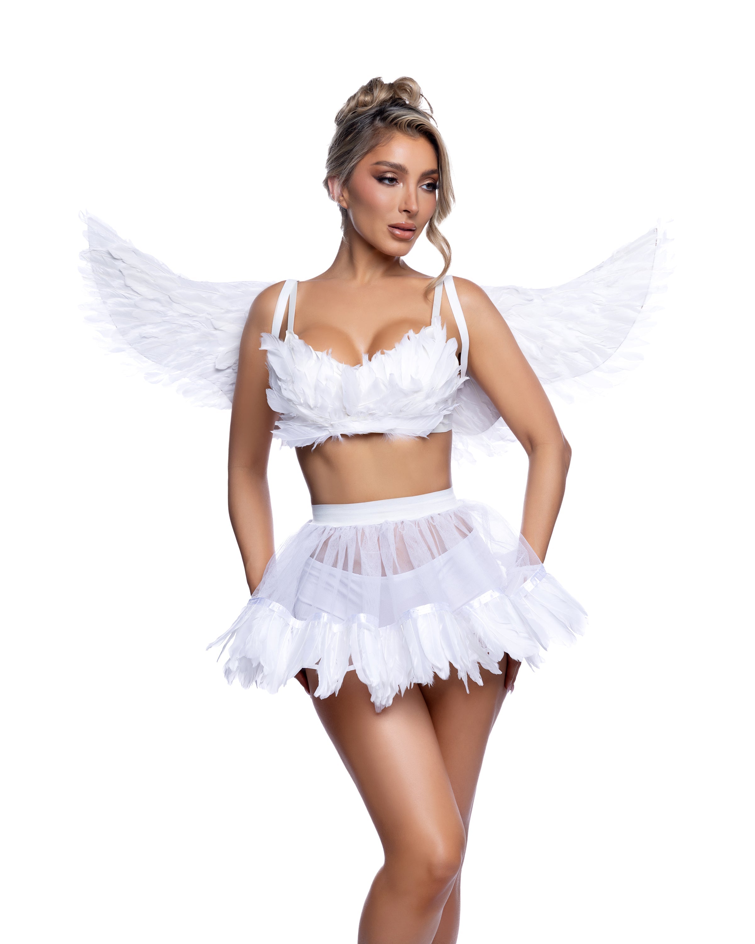 Sexy angel Halloween costume women white wings bra top skirt shorts exclusively at RaveFix - front view