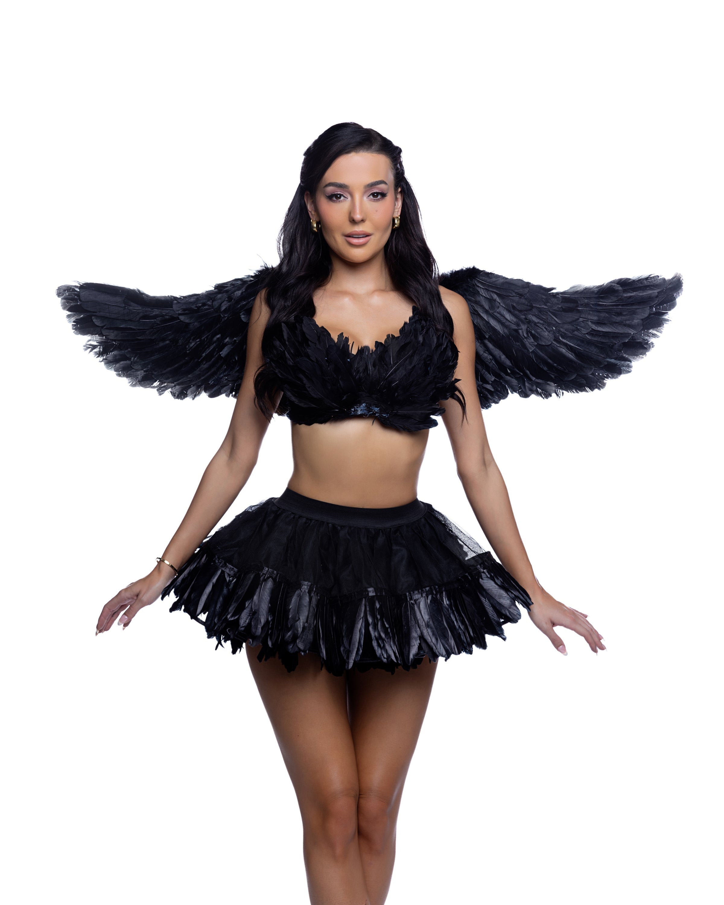 Sexy fallen angel Halloween costume women black wings bra top skirt shorts exclusively at RaveFix - front view