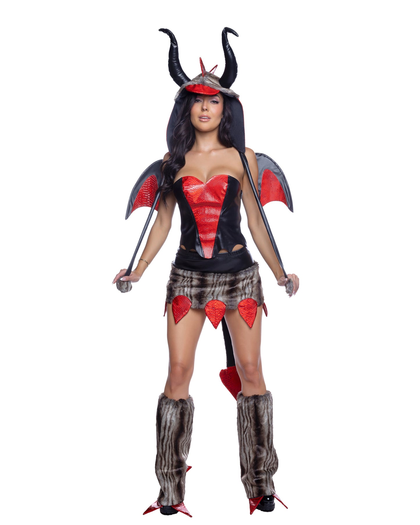 Sexy dragon Halloween costume women red black tan 5-piece hood wings corset skirt tail leg warmers exclusively at RaveFix - front view