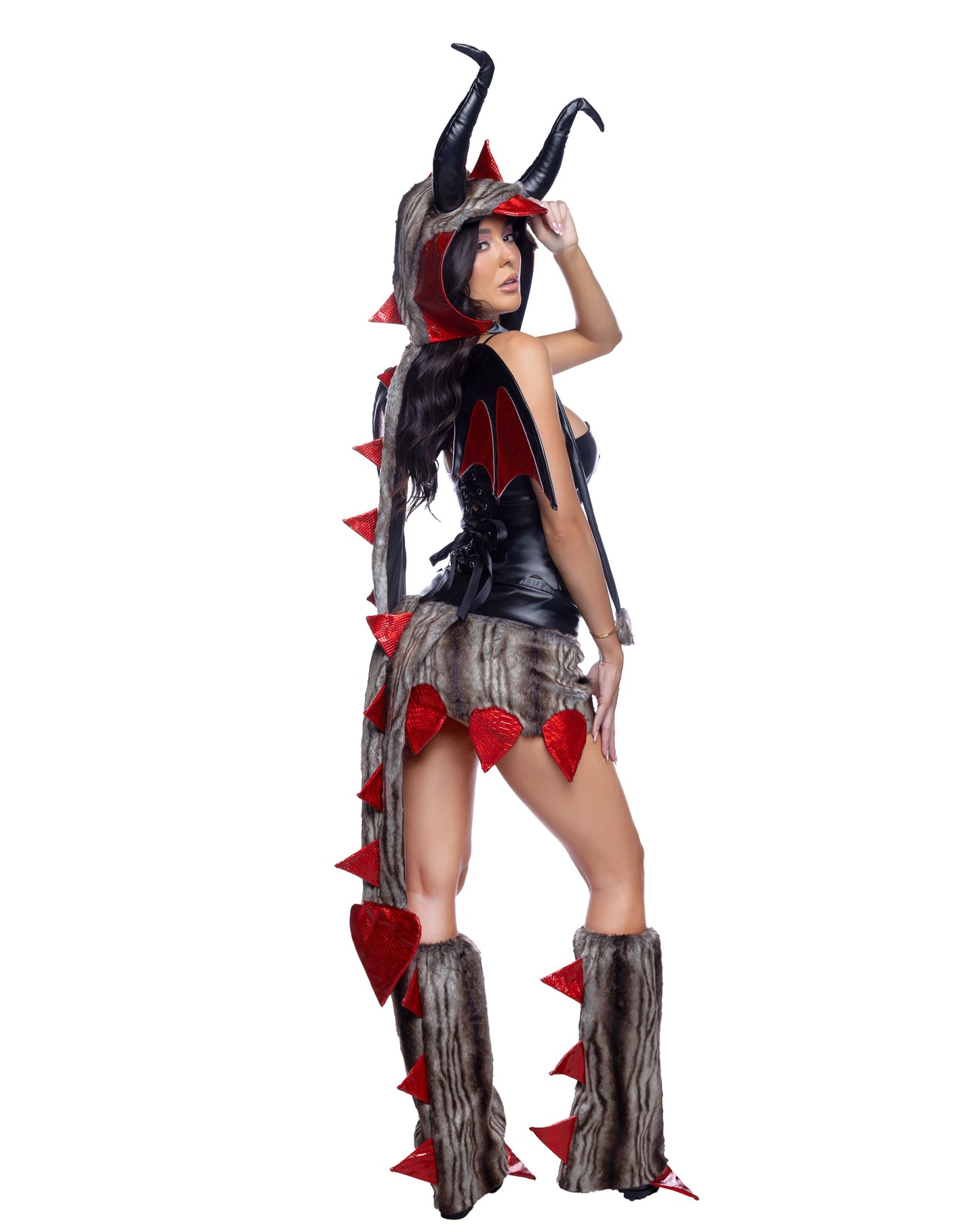 Sexy dragon Halloween costume women red black tan 5-piece hood wings corset skirt tail leg warmers exclusively at RaveFix - back view