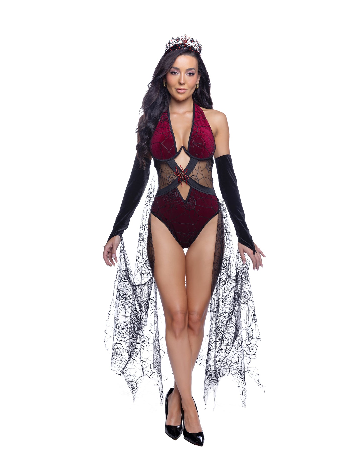 Sexy spider Halloween costume women burgundy black headpiece bodysuit gloves cape webbed mistress exclusively at RaveFix - front view