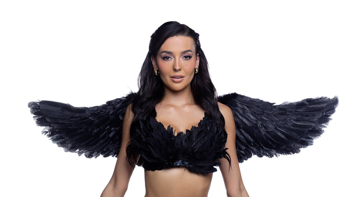 Black costume wings Halloween rave festival angel fallen angel accessory exclusively at RaveFix - front view