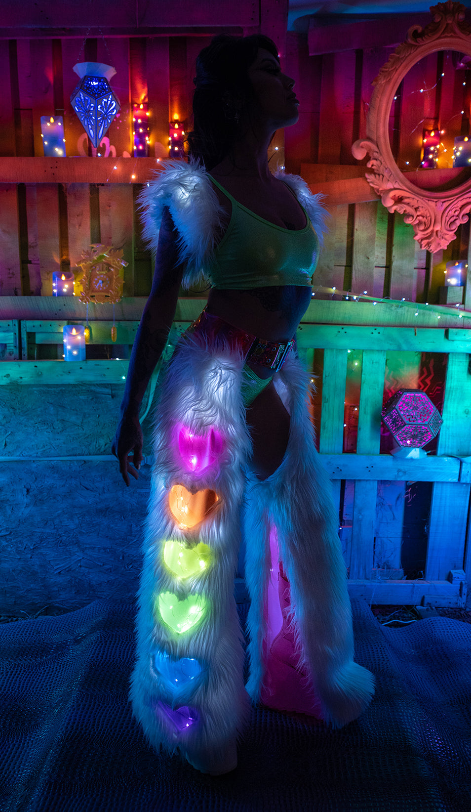 Psychedelic Rainbow Heart Light-Up Rave Chaps