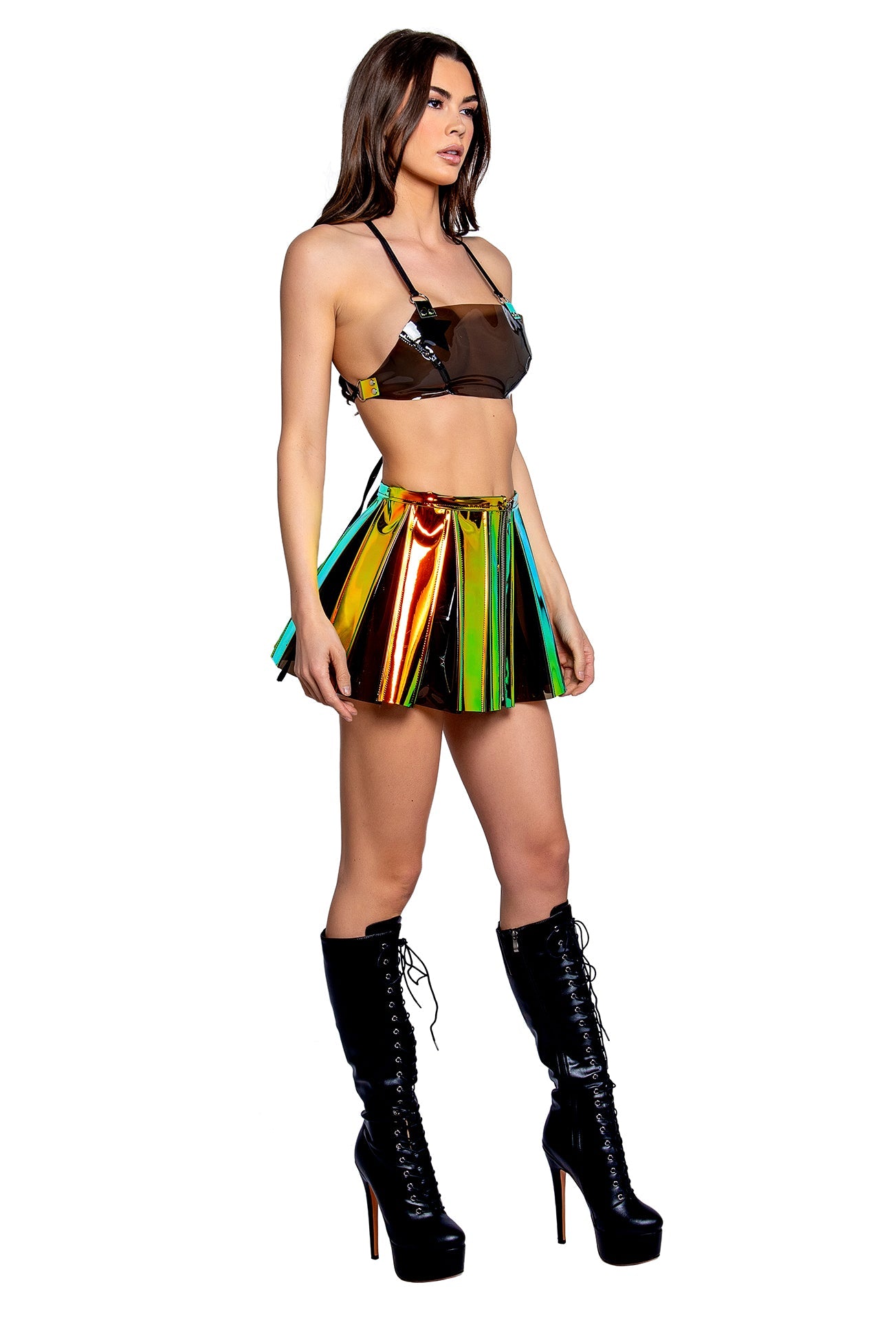 Shiny vinyl pleated mini rave skirt, view 8