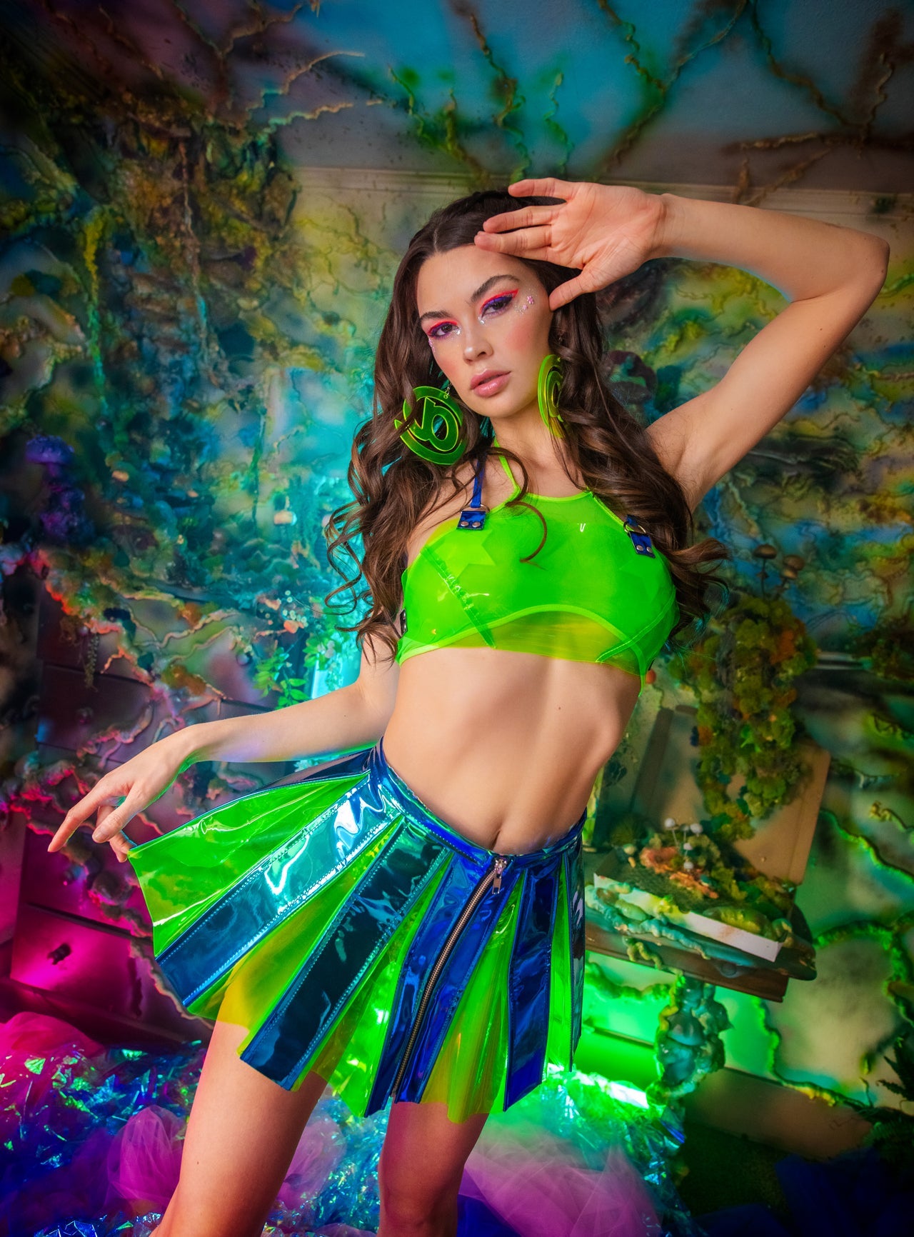 Lime shiny vinyl pleated mini rave skirt, view 12