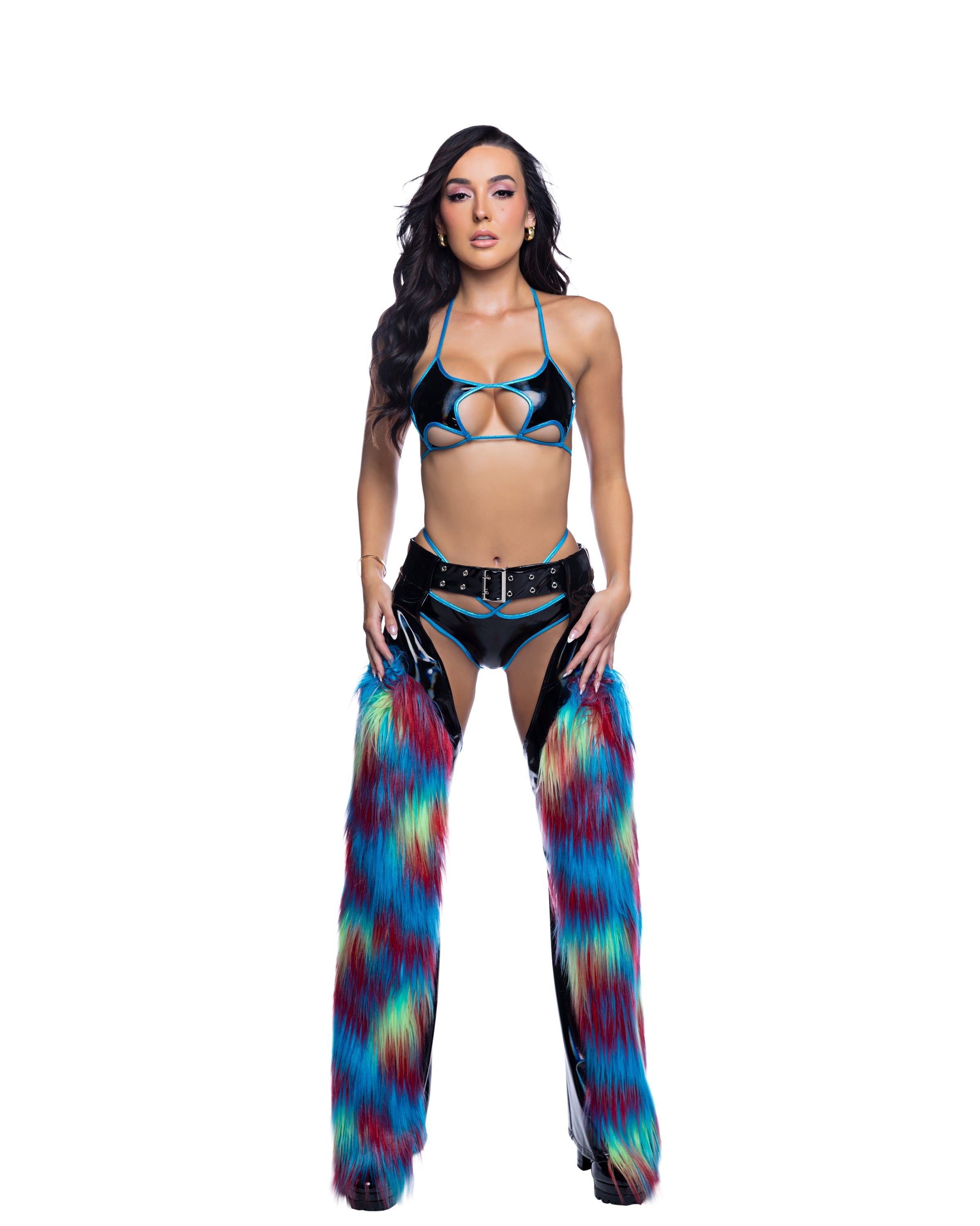 Pvc and rainbow faux fur chaps rave outfit, view 1
