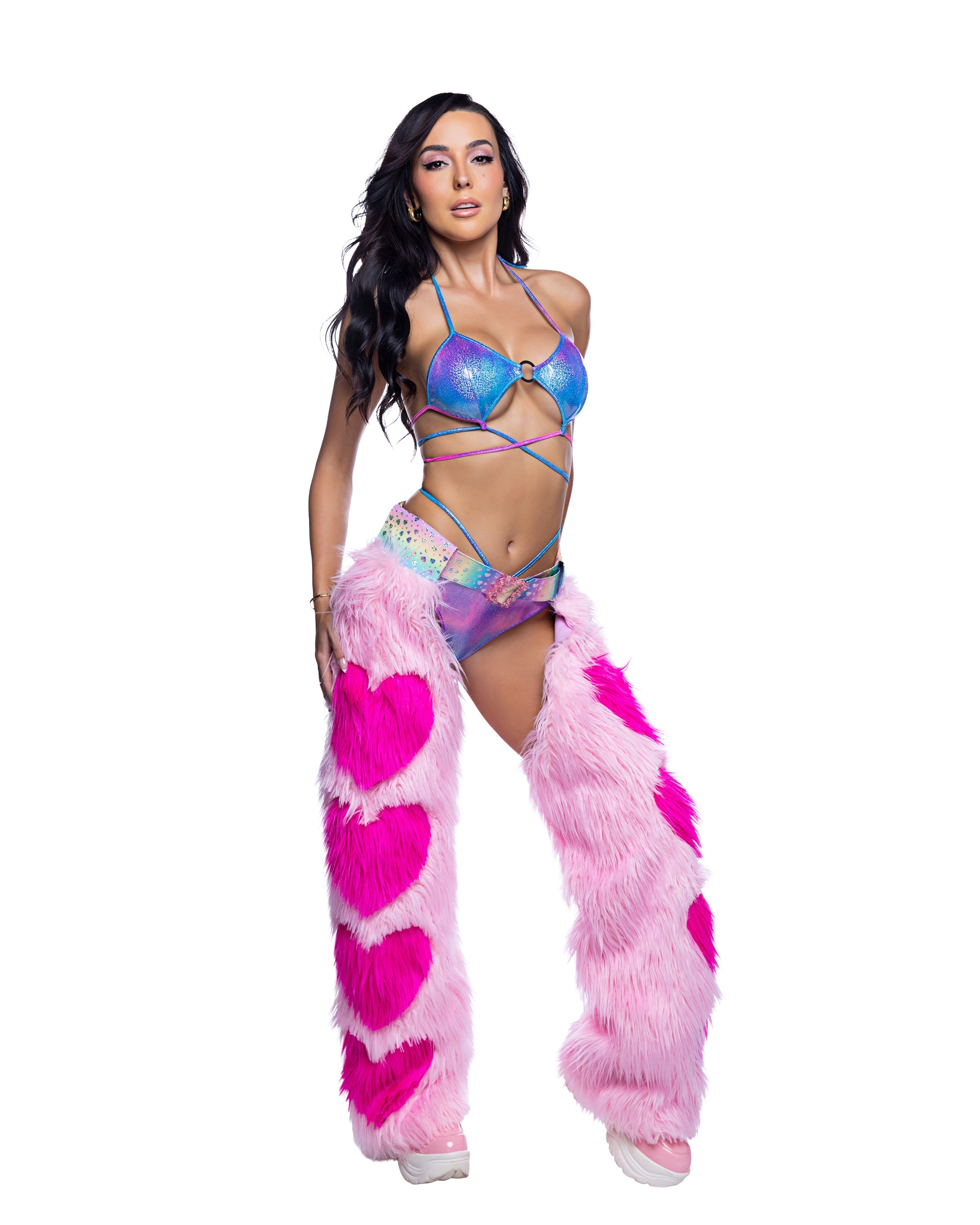 Pink faux fur heart chaps rave outfit, view 1
