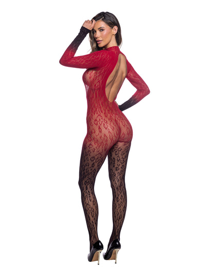 Wild Night Ombre Floral Lace Bodystocking with Finger Loop Sleeves in Wine/Black - back view
