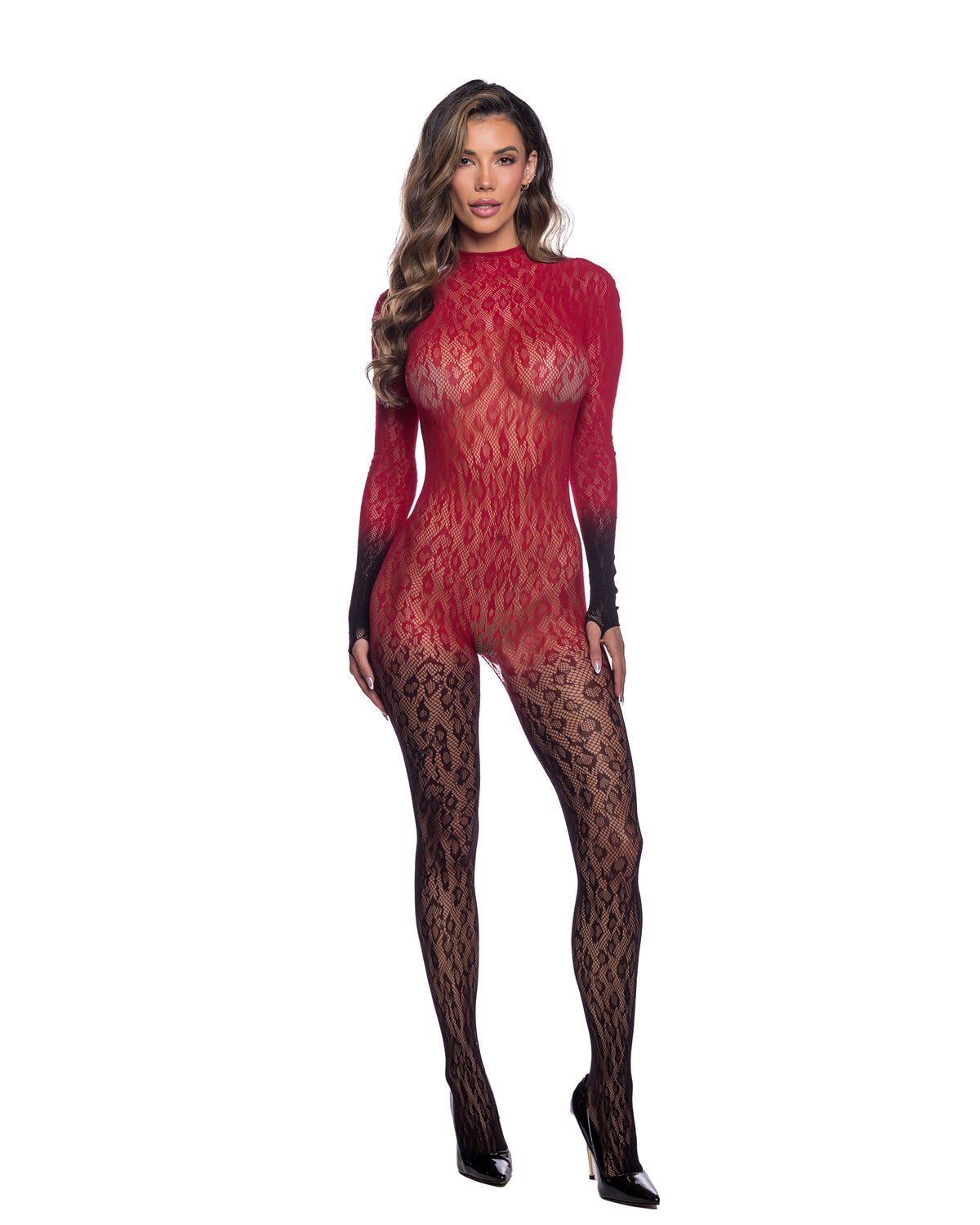 Wild Night Ombre Floral Lace Bodystocking with Finger Loop Sleeves in Wine/Black - front view
