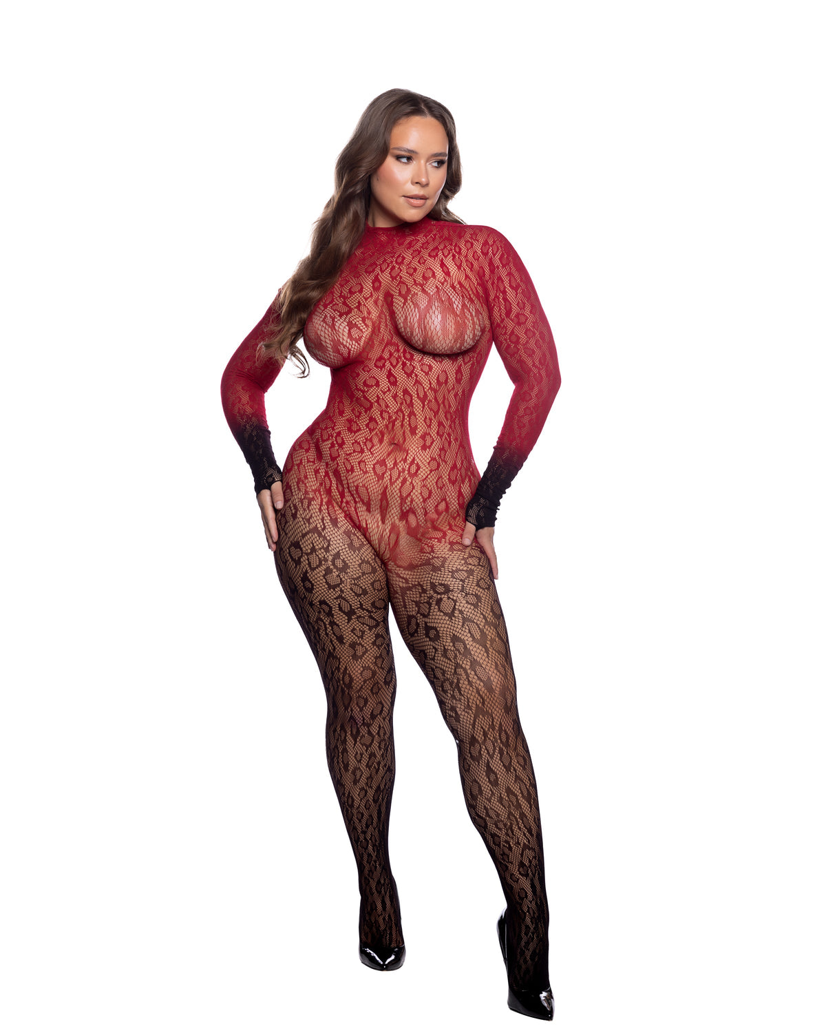 Wild Night Ombre Floral Lace Bodystocking with Finger Loop Sleeves in Wine/Black - front view on plus size model