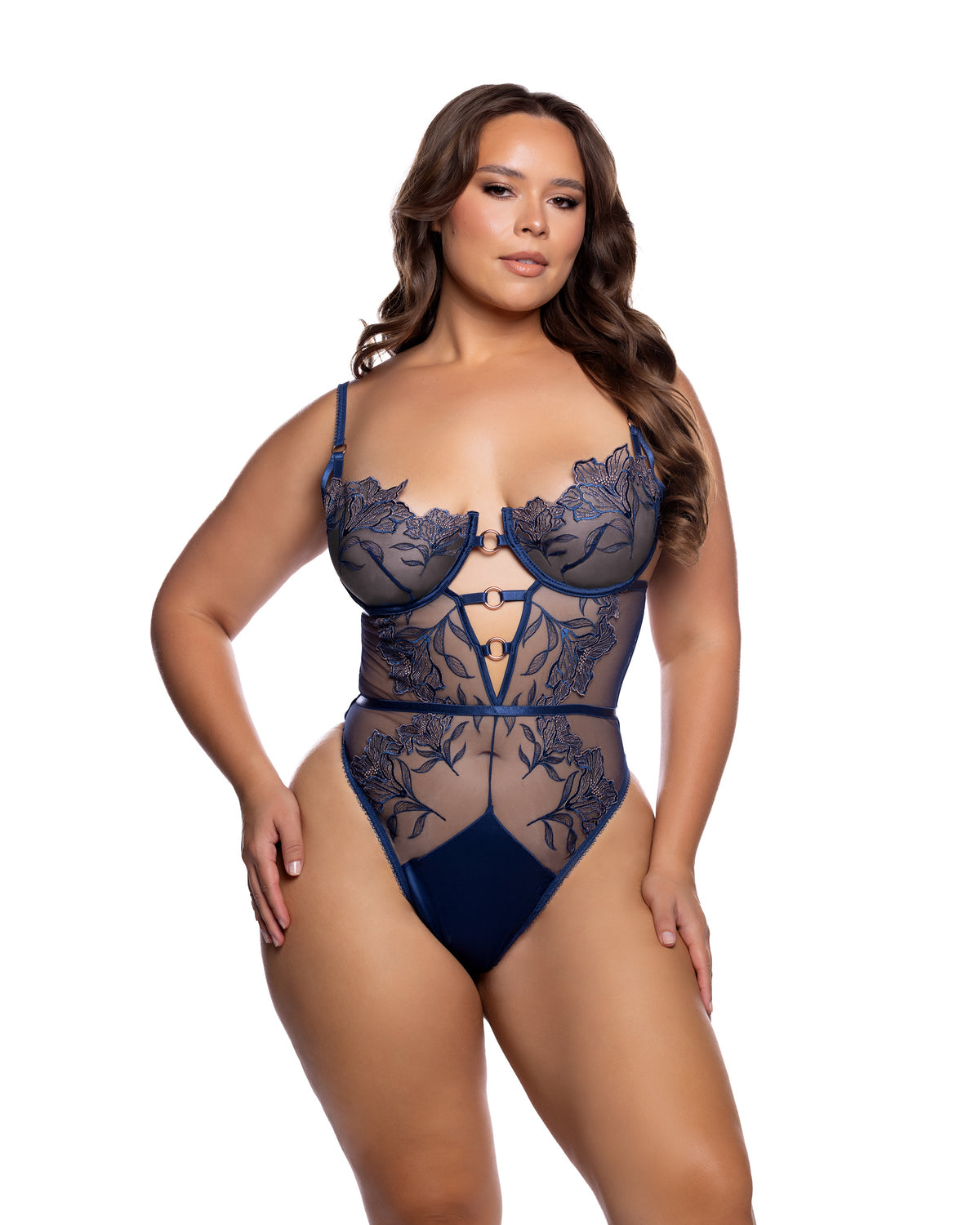 Astral Allure Navy & Rose Gold Metallic Lace Plunge Teddy with Underwire in Navy/Rose Gold - front view on plus size model