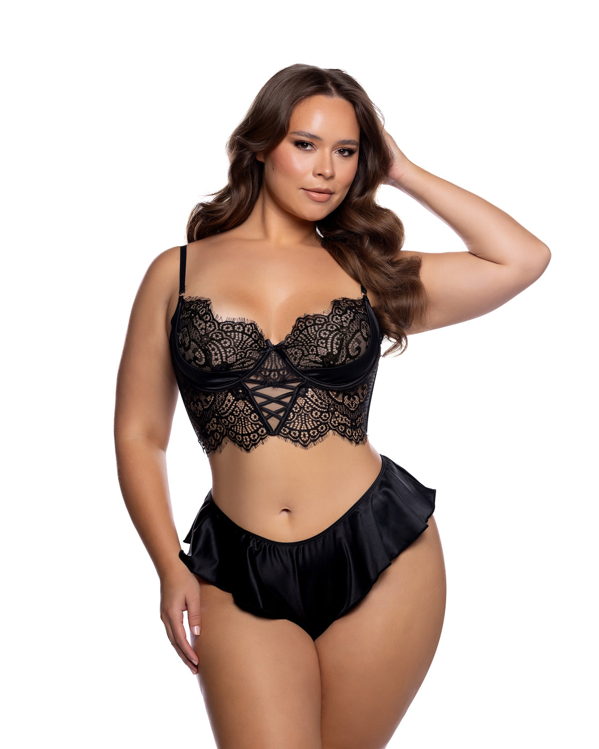 Haute Night Eyelash Lace Balconette Bra & Ruffle Brazilian Shorts Set in Black - front view on plus size model