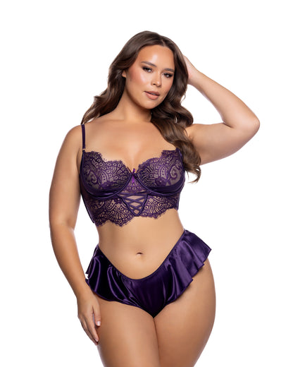 Haute Night Eyelash Lace Balconette Bra & Ruffle Brazilian Shorts Set in Purple - front view on plus size model