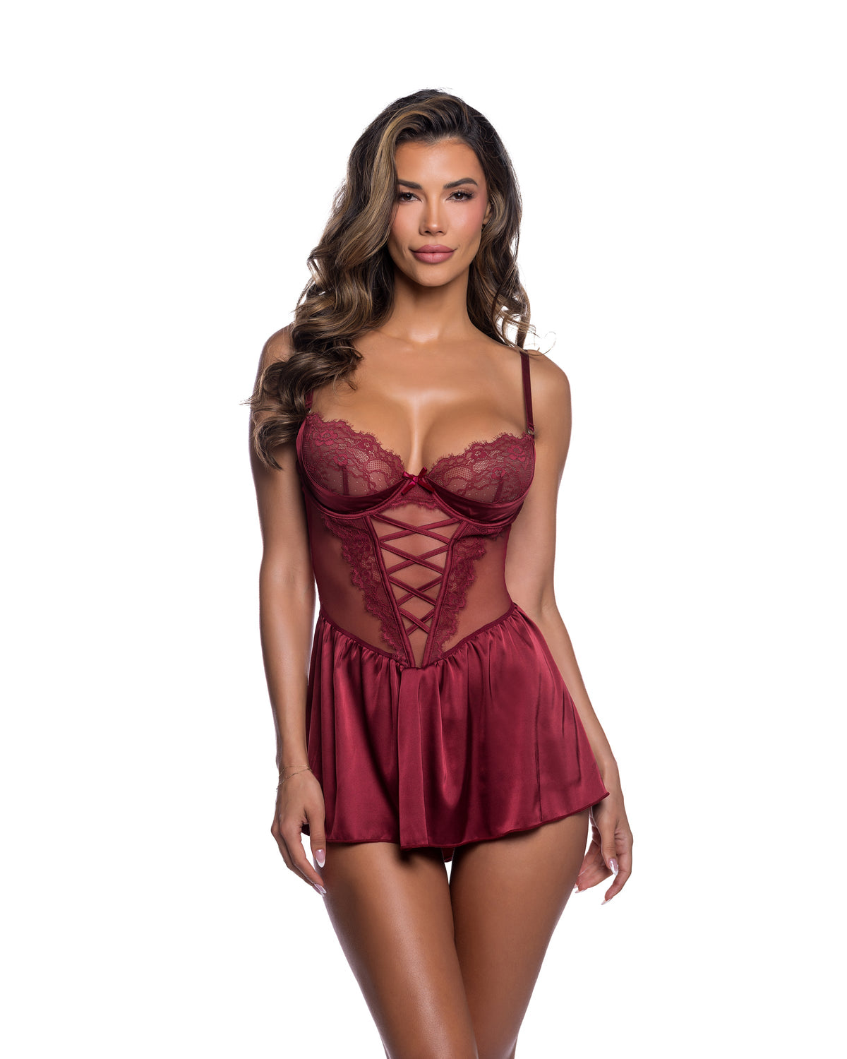 Haute Night Chantilly Lace & Satin Balconette Babydoll with Keyhole Back in Wine - front view
