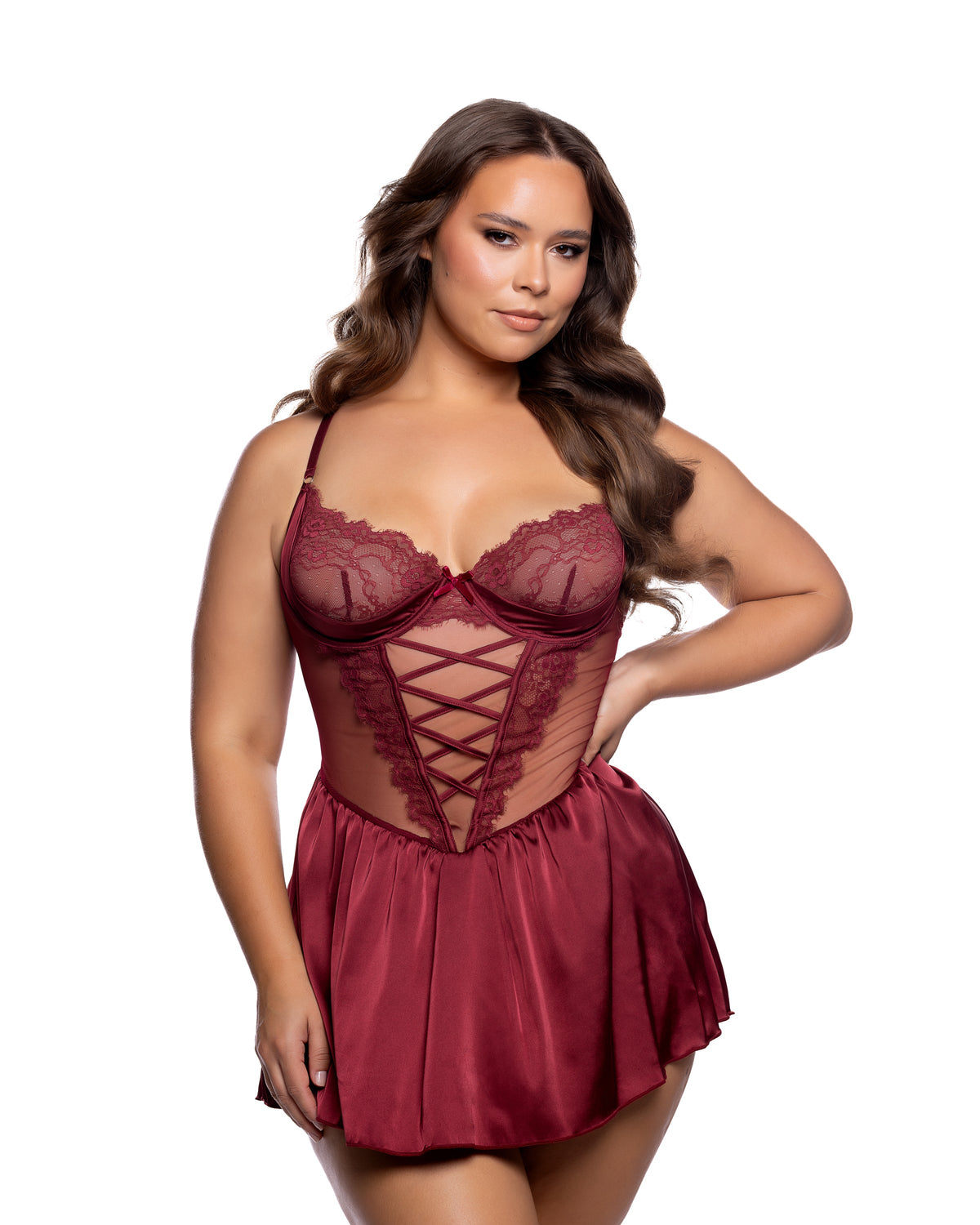 Haute Night Chantilly Lace & Satin Balconette Babydoll with Keyhole Back in Wine - front view on plus size model