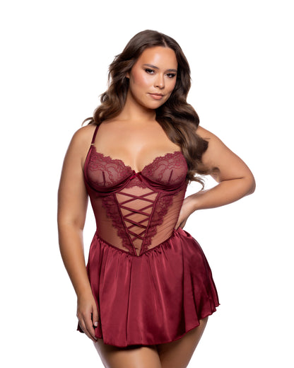 Haute Night Chantilly Lace & Satin Balconette Babydoll with Keyhole Back in Wine - front view on plus size model