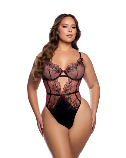 Botanique Beaded Floral Lace Balconette Teddy with Underwire in Wine/Black - front view on plus size model