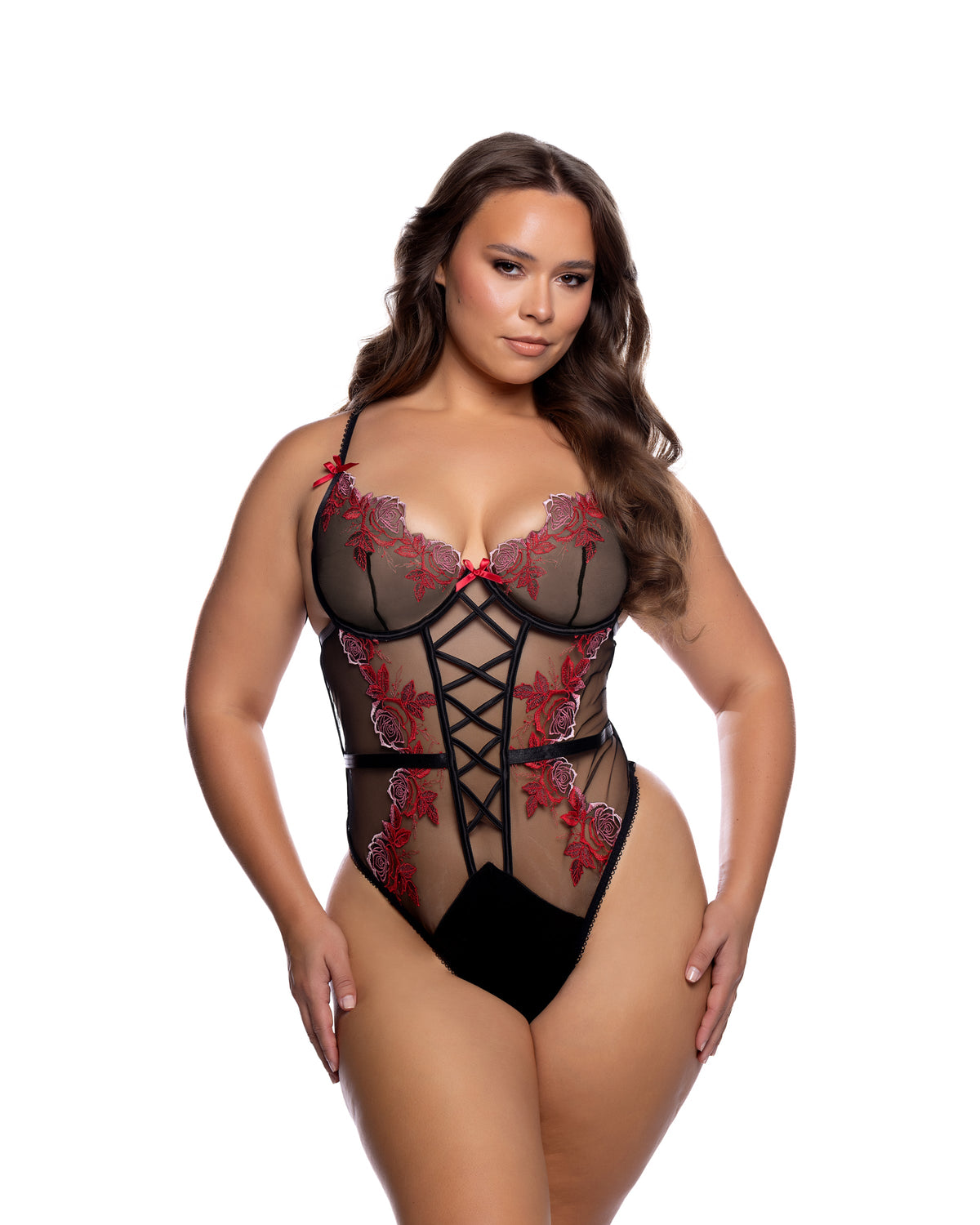 Vie En Rose Embroidered Ombre Rose Teddy with Underwire Plunge Cups in Hot Pink/Black - front view on plus size model