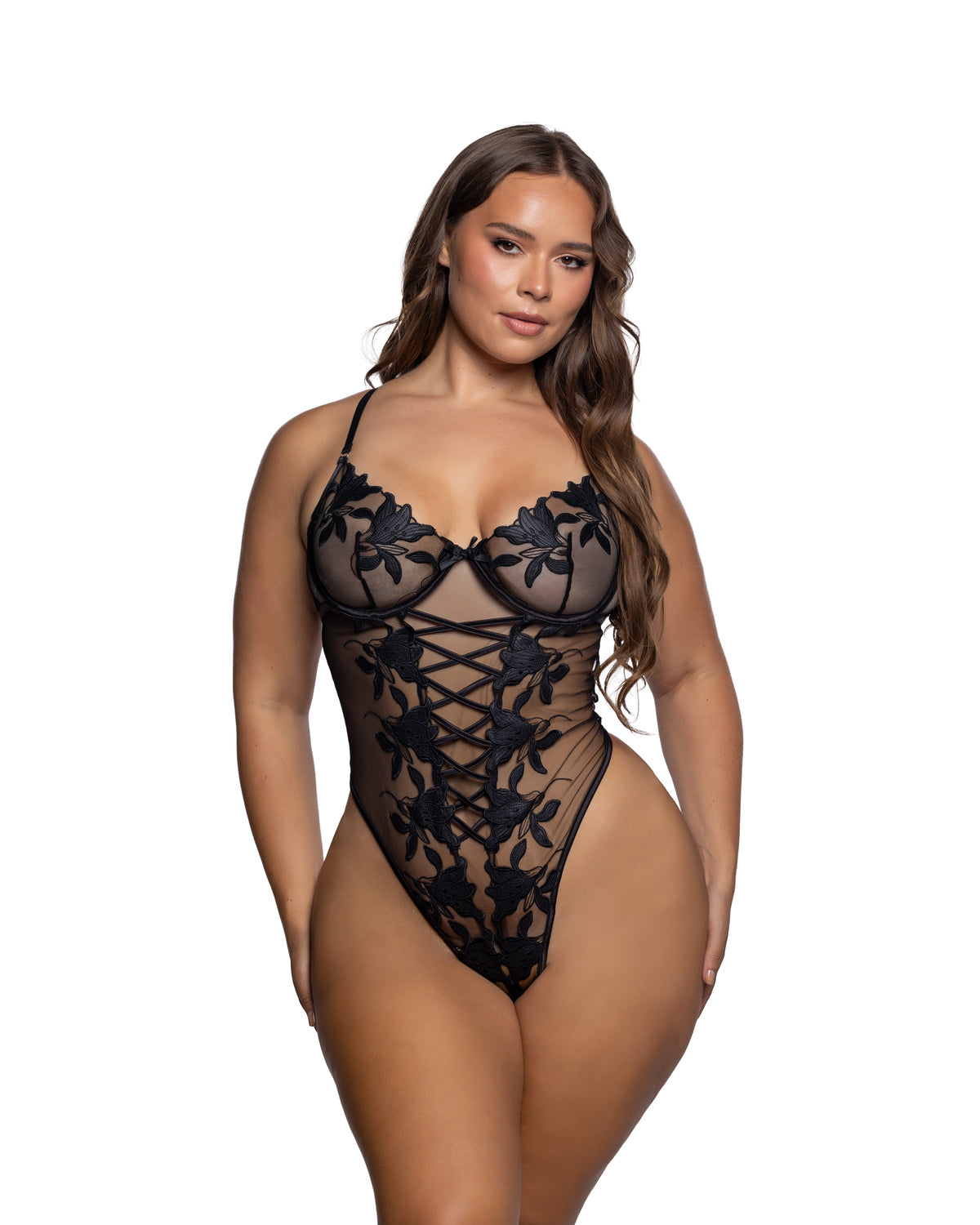 Satin Lily Black Embroidered Teddy with Underwire Demi Cups in Black - front view on plus size model