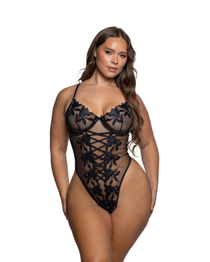 Satin Lily Black Embroidered Teddy with Underwire Demi Cups in Black - front view on plus size model