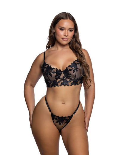 Satin Lily Black Embroidered Underwire Demi Bra & Thong Set in Black - front view on plus size model