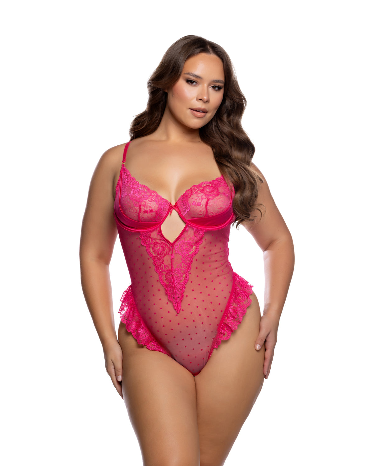Plus size hot pink lace plunge teddy lingerie, view 3