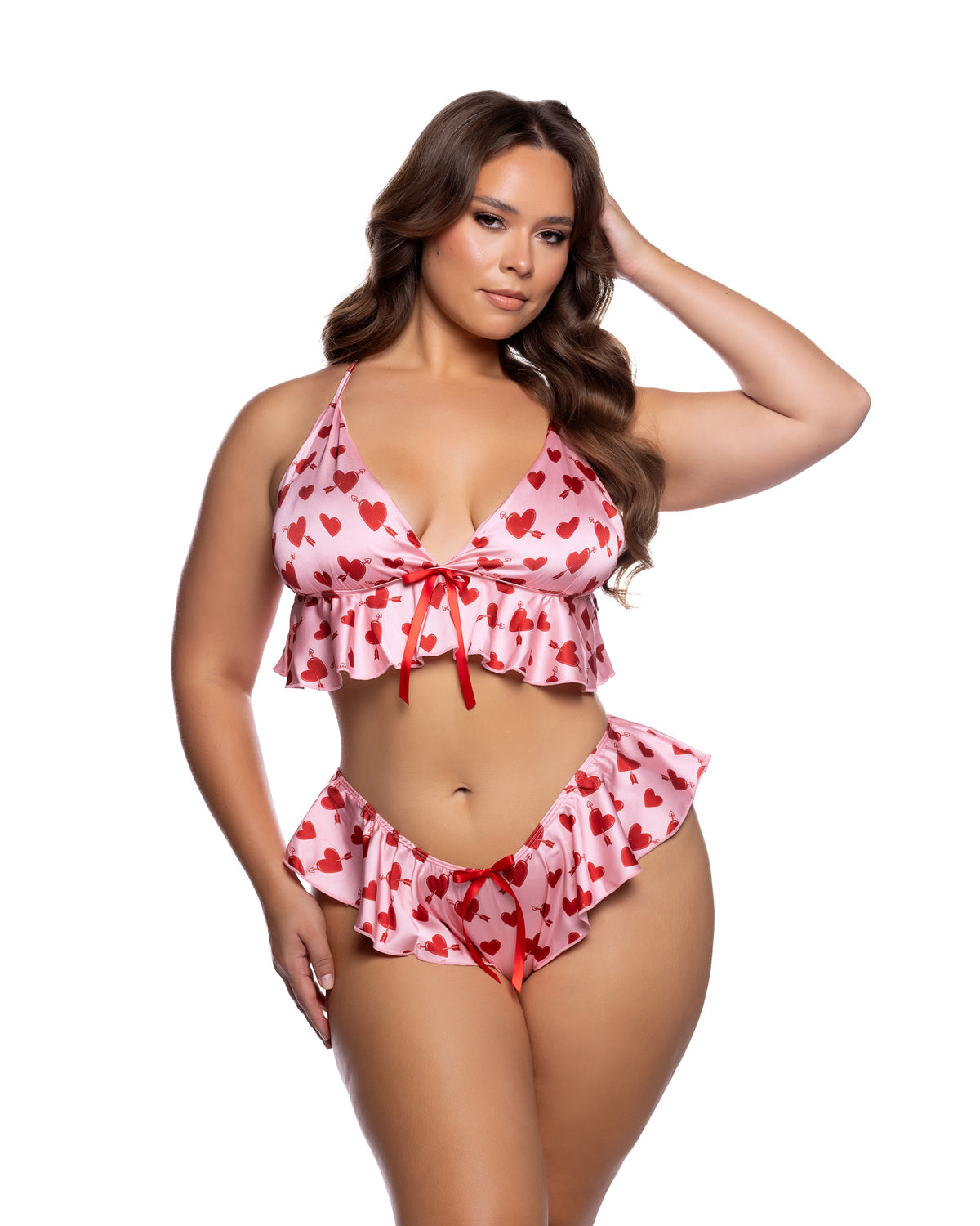Cupid Heart Satin Bralette & Ruffle Shorts Pajama Set with Heart Print in Pink/Red - front view on plus size model