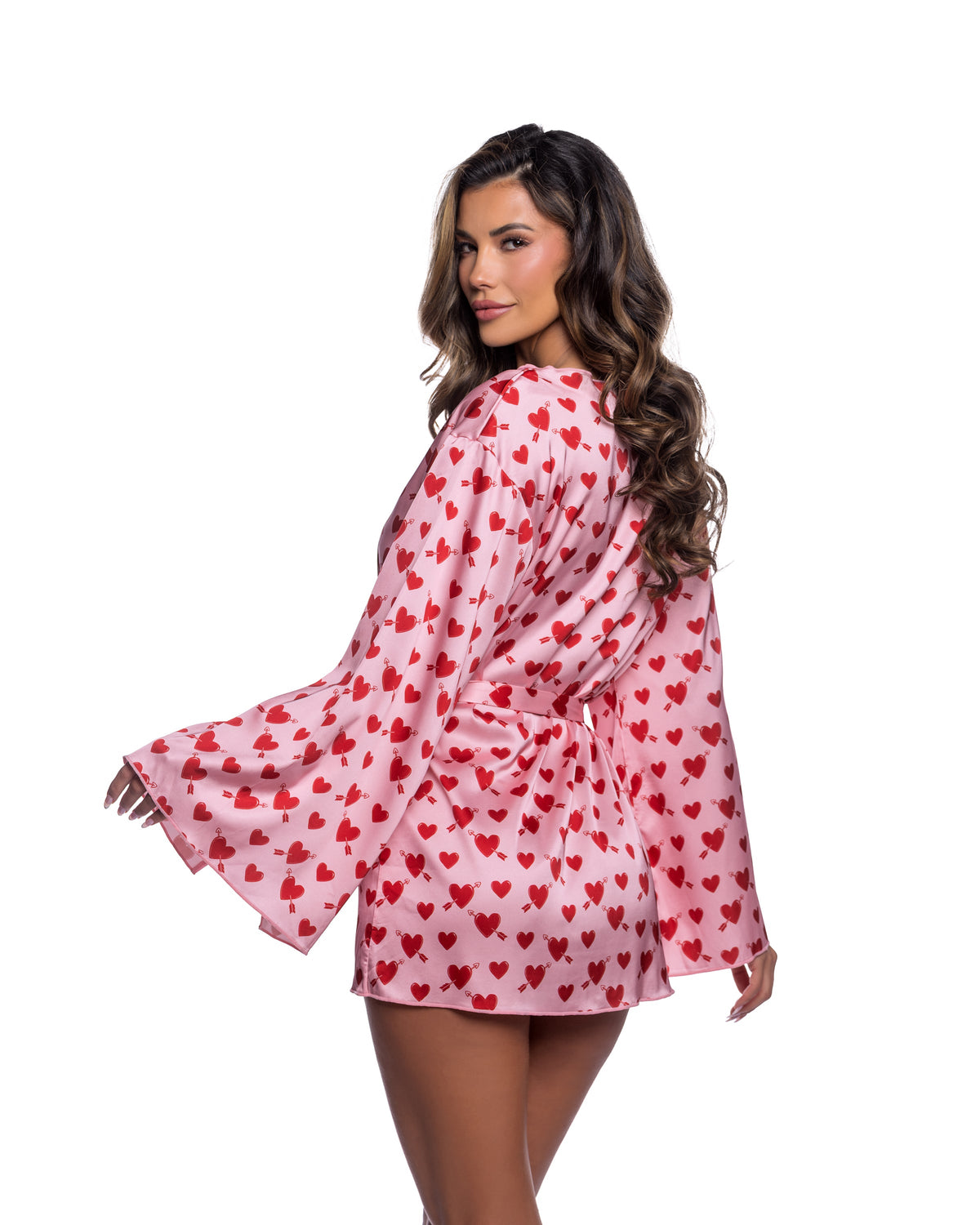 Cupid Heart Satin Kimono Robe with Heart Print & Waist Sash in Pink/Red - back view