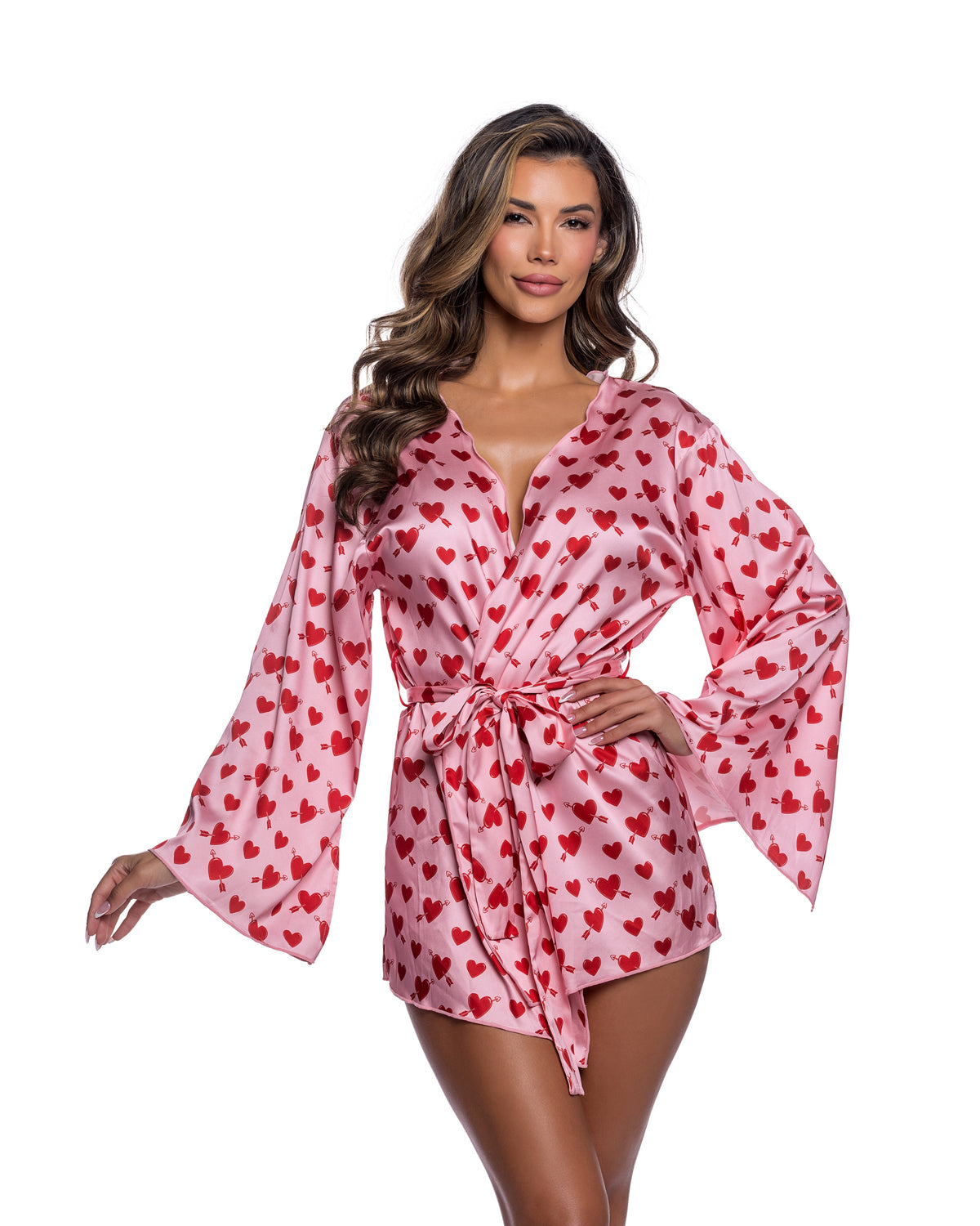 Cupid Heart Satin Kimono Robe with Heart Print & Waist Sash in Pink/Red - front view